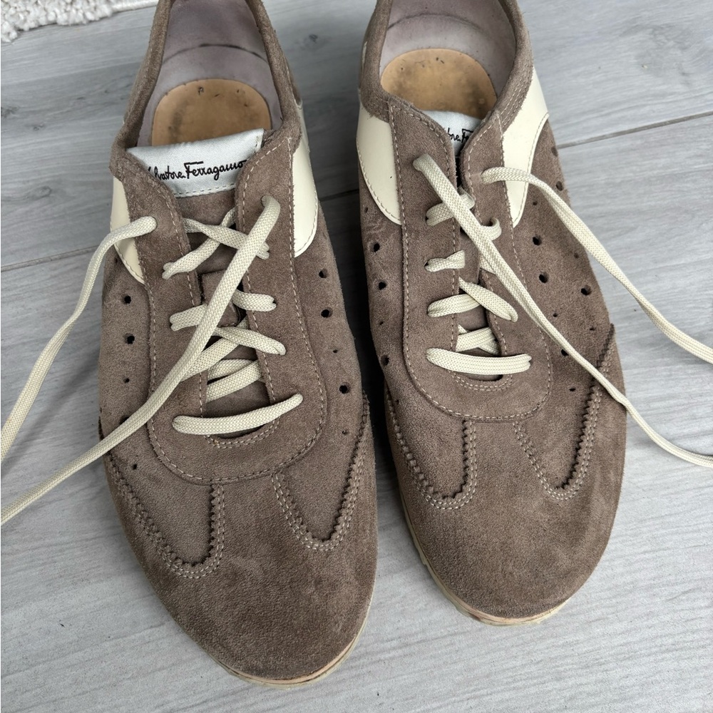 Salvatore Ferragamo Men’s Suede Sneakers in Taupe and Cream